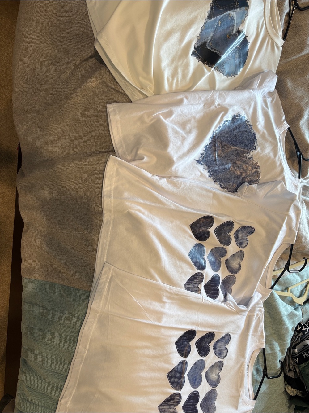 SHEIN White Short Sleeve Tee with Blue Denim Heart Prints
